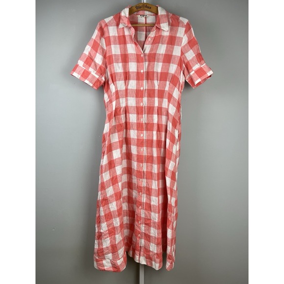 Boden Dresses & Skirts - Boden Louise Midi Shirt Dress Womens US 10 Coral Plaid Check 100%‎ Linen